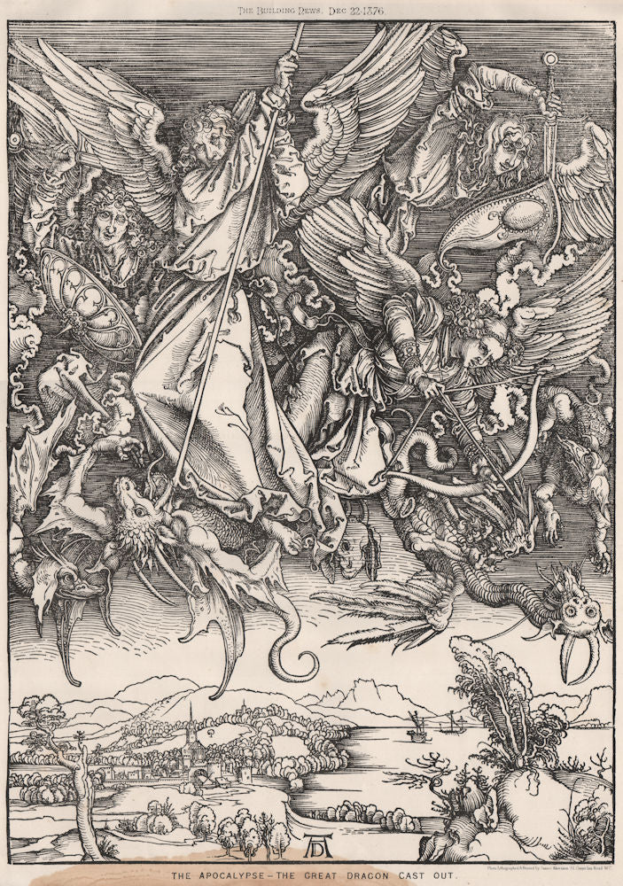 The Apocalypse - The great dragon cast out. Fantasy 1876 old antique print